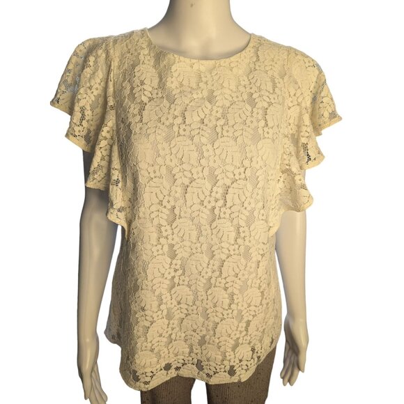 Merona Women's Crochet Lace Top Sz M Flutter Sleeve Feminine Romantic Coquettish - Picture 1 of 9